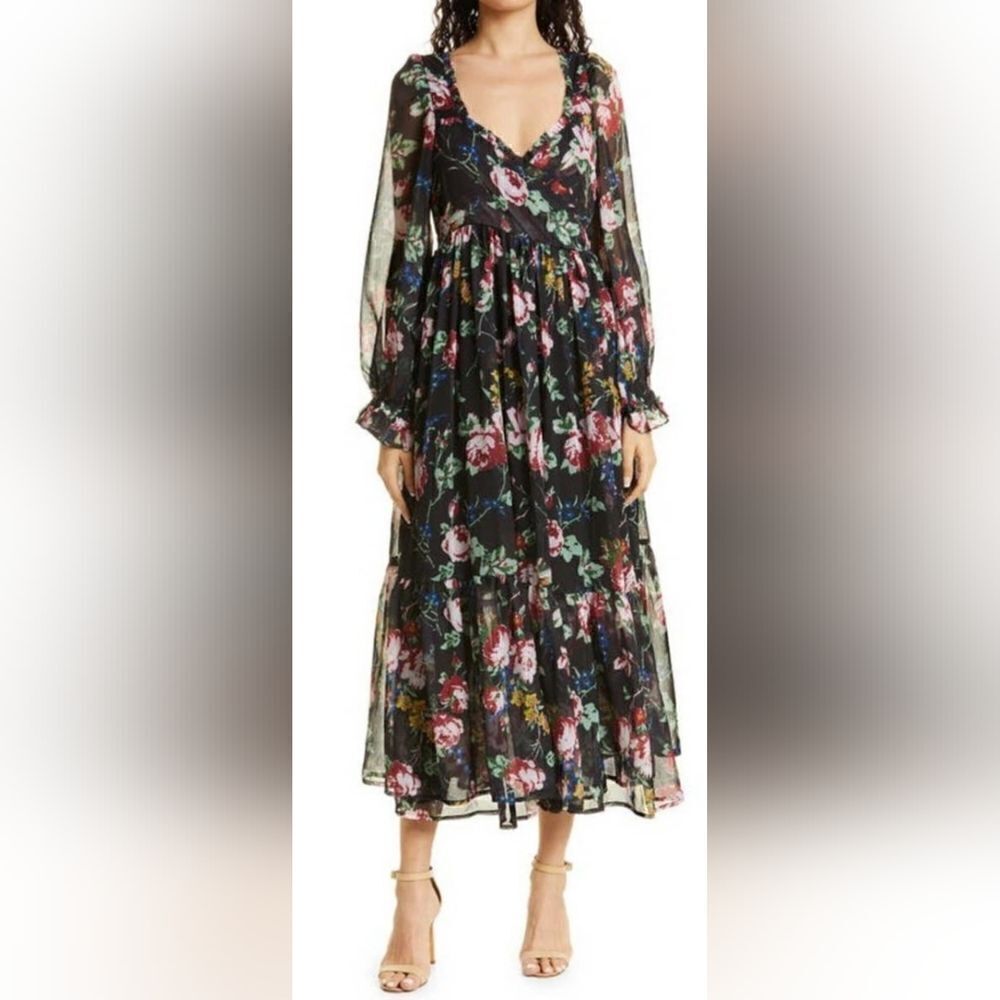 ByTIMO MULTI Floral Wrap Bodice Long Sleeve Chiffon DRESS in Rose field Size XS